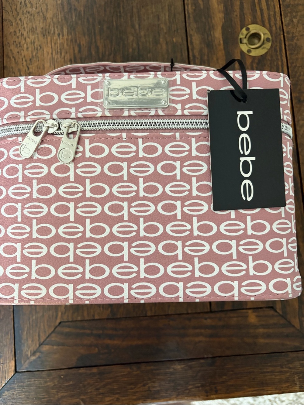 bebe Pink Logo Cosmetic Case with Silver Hardware